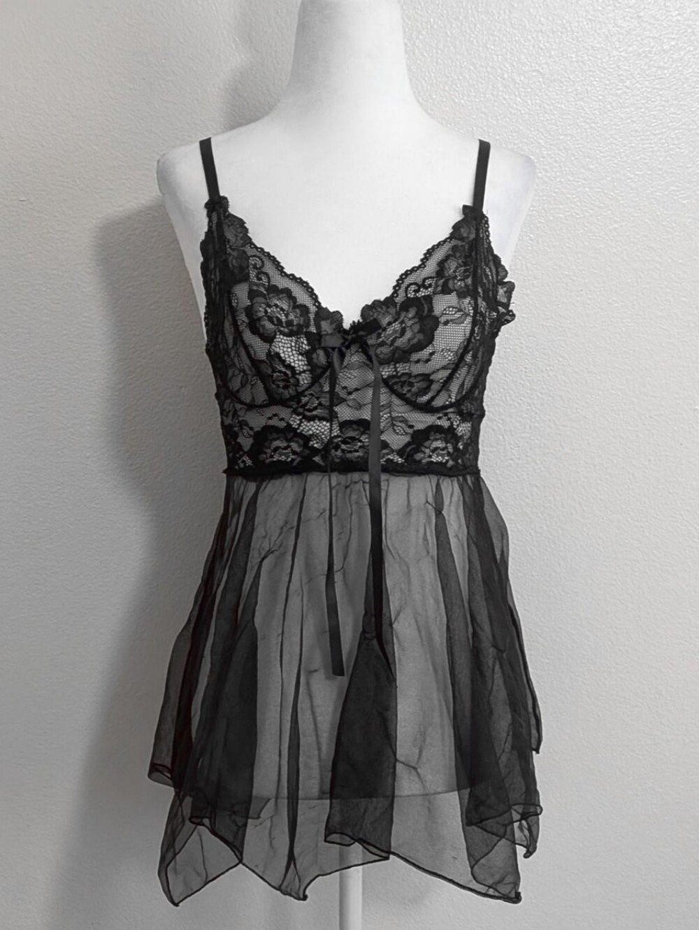 Avidlove Black Gothic Sheer Floral Lace Fairy Mini Babydoll Top | Size S